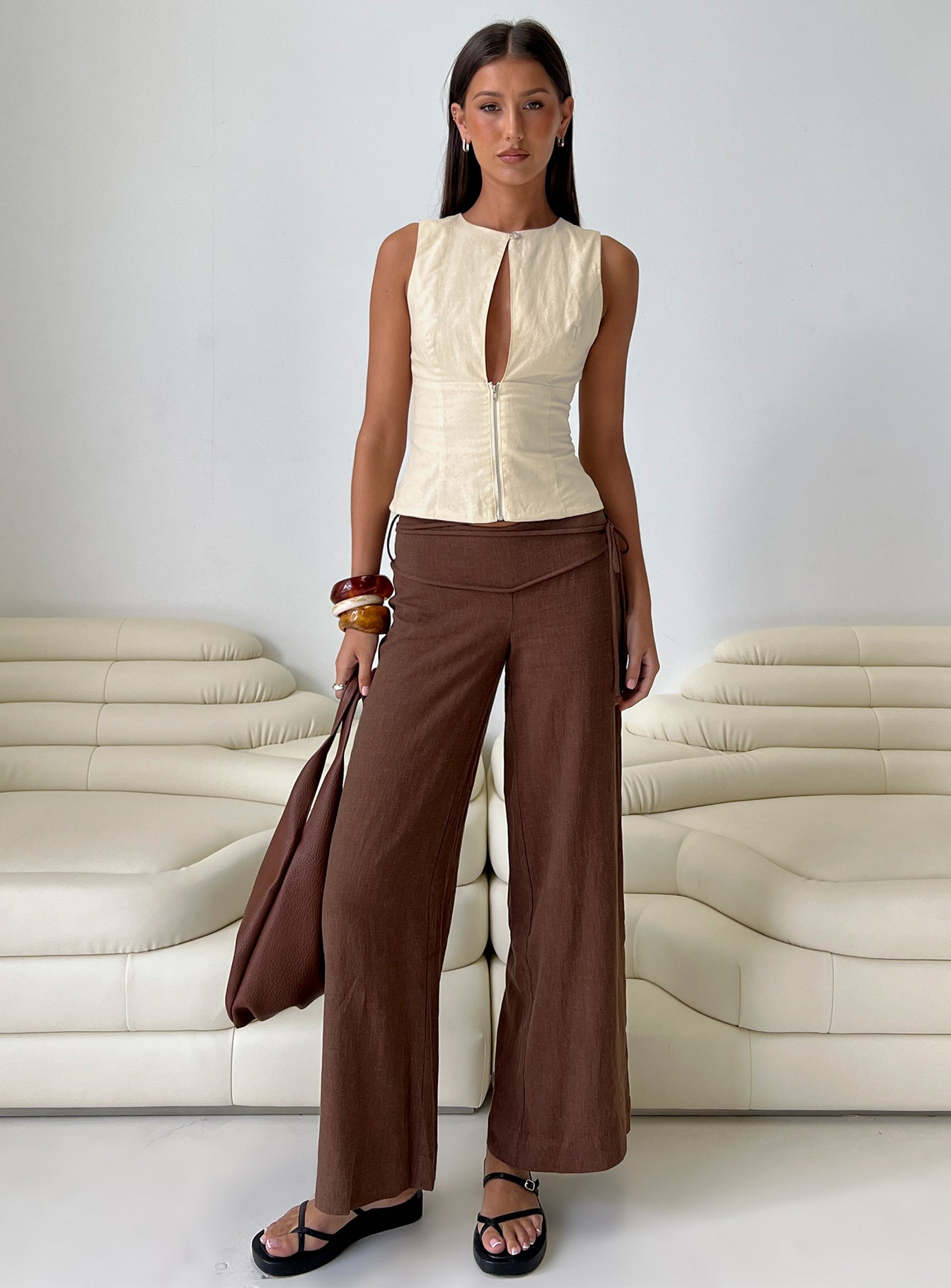 Silver Moon Linen Blend Tie Pants Brown Petite - Image 8