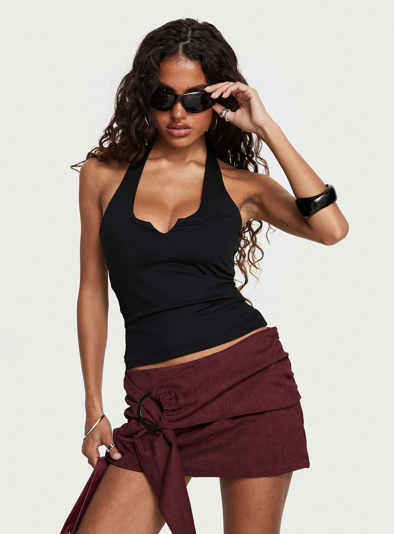 Lowretta Faux Suede Belt Mini Skirt Burgundy - Image 8