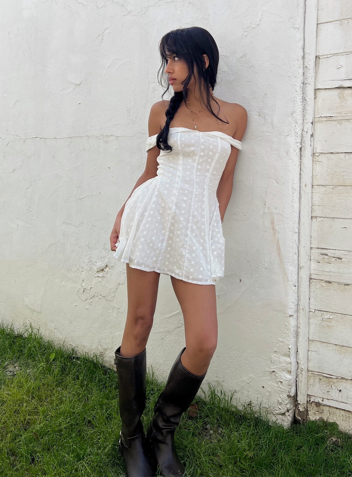 Rosebud Broderie Off The Shoulder Mini Dress White - Image 13