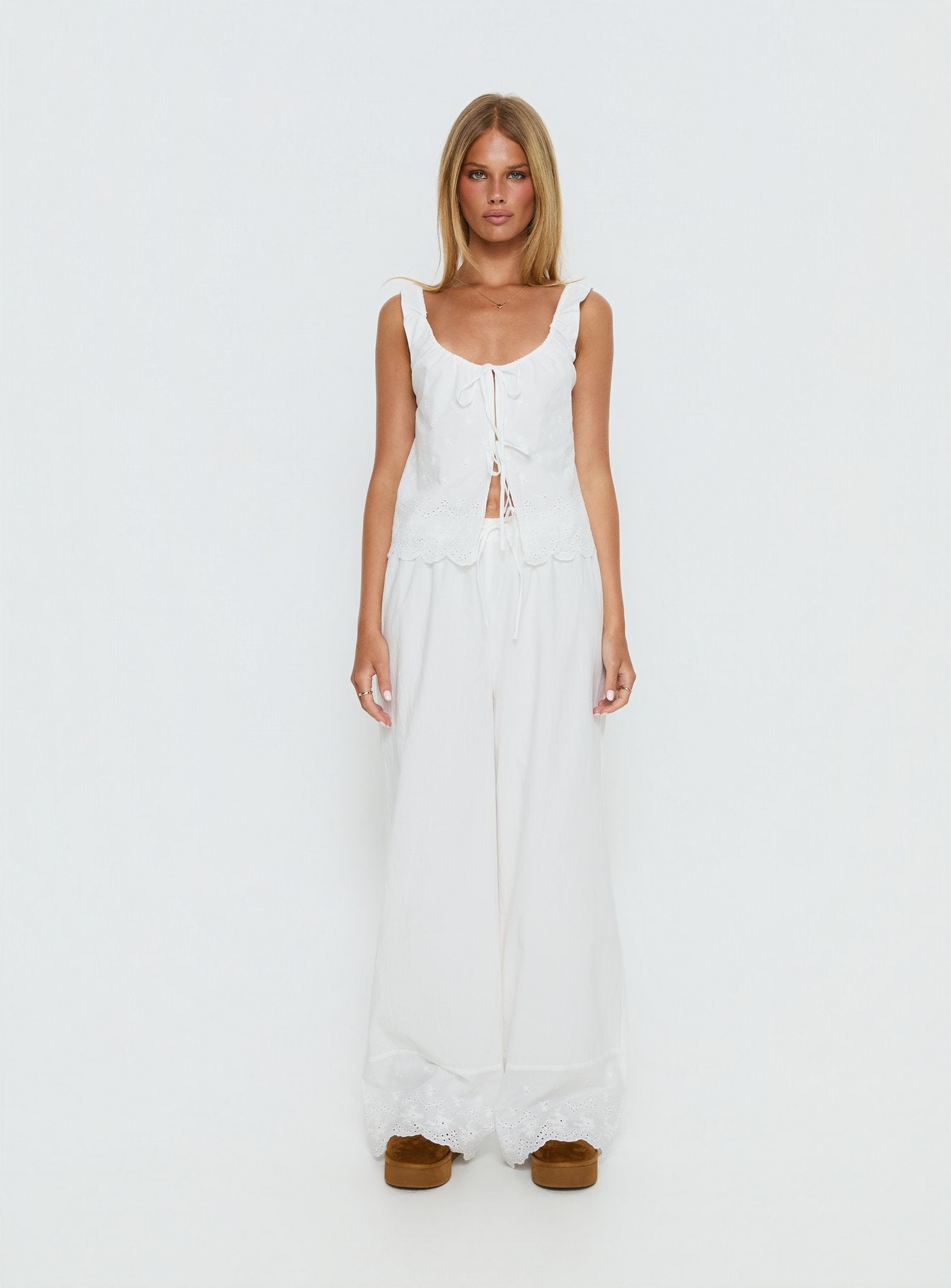 Kissed Chaos Broderie Anglais Tie Waist Pants White - Image 8