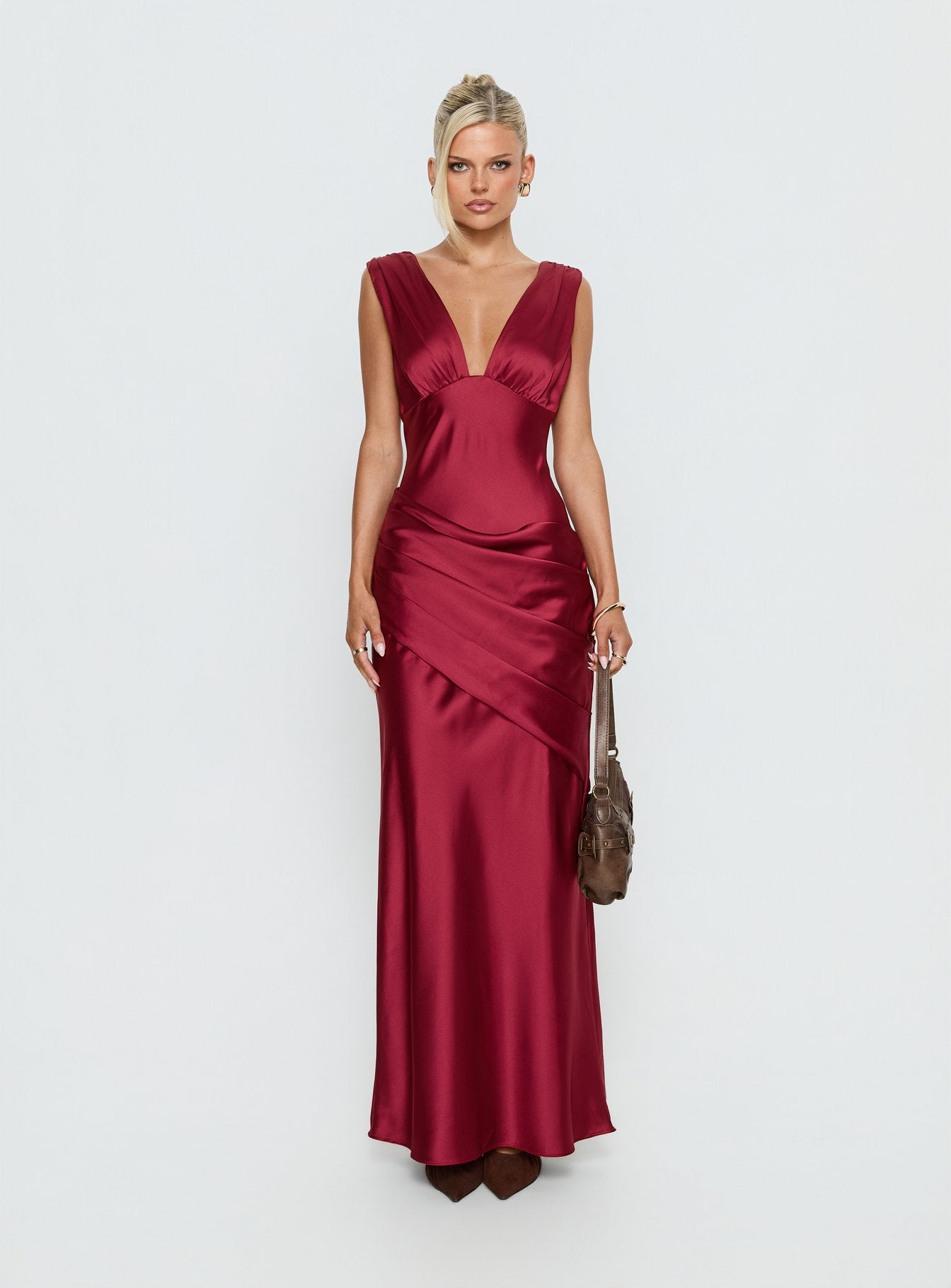False Alarm Plunge Asymmetrical Pleat Maxi Dress Red - Image 8