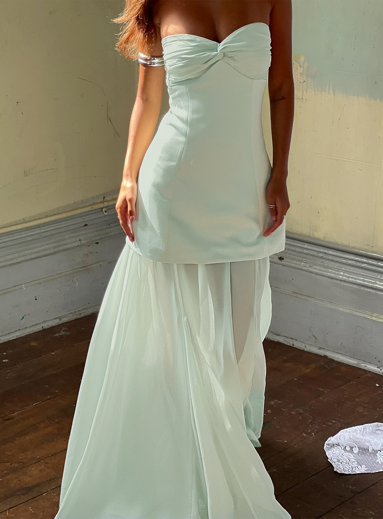 Flashy Sheer Chiffon Strapless Maxi Dress Green - Image 8