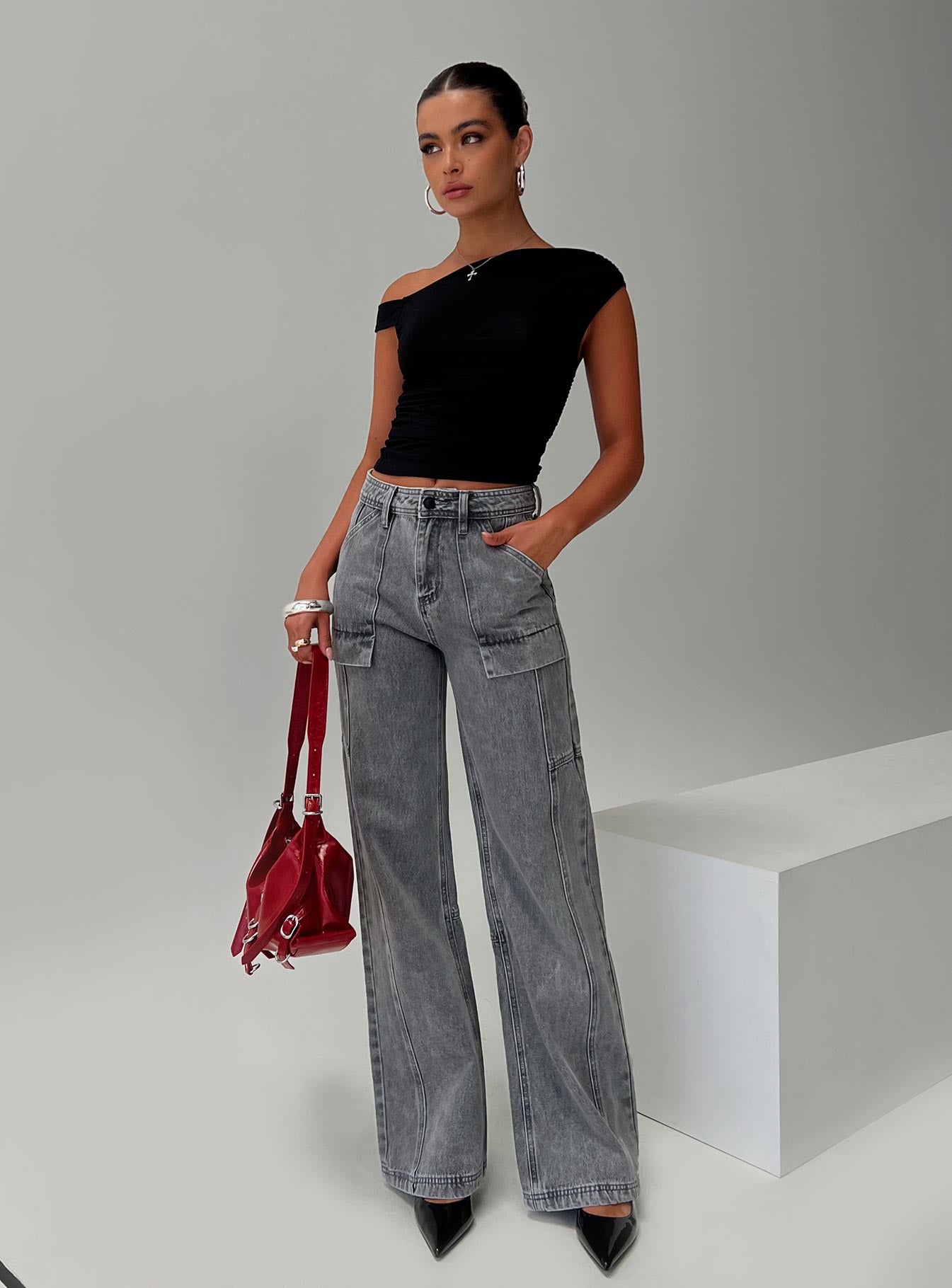 Chad High Rise Flared Cargo Jeans Washed Grey - Image 8