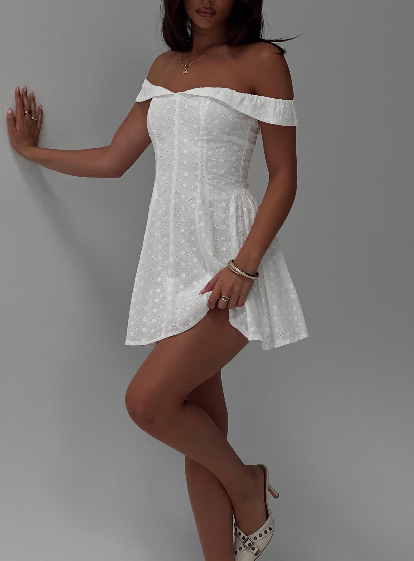 Rosebud Broderie Off The Shoulder Mini Dress White - Image 8