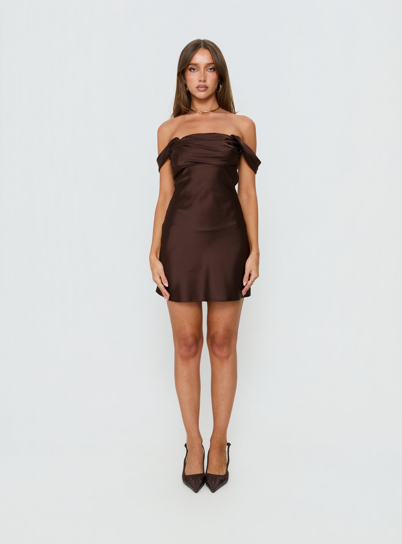 Zabbarra Off The Shoulder Mini Dress Chocolate - Image 8