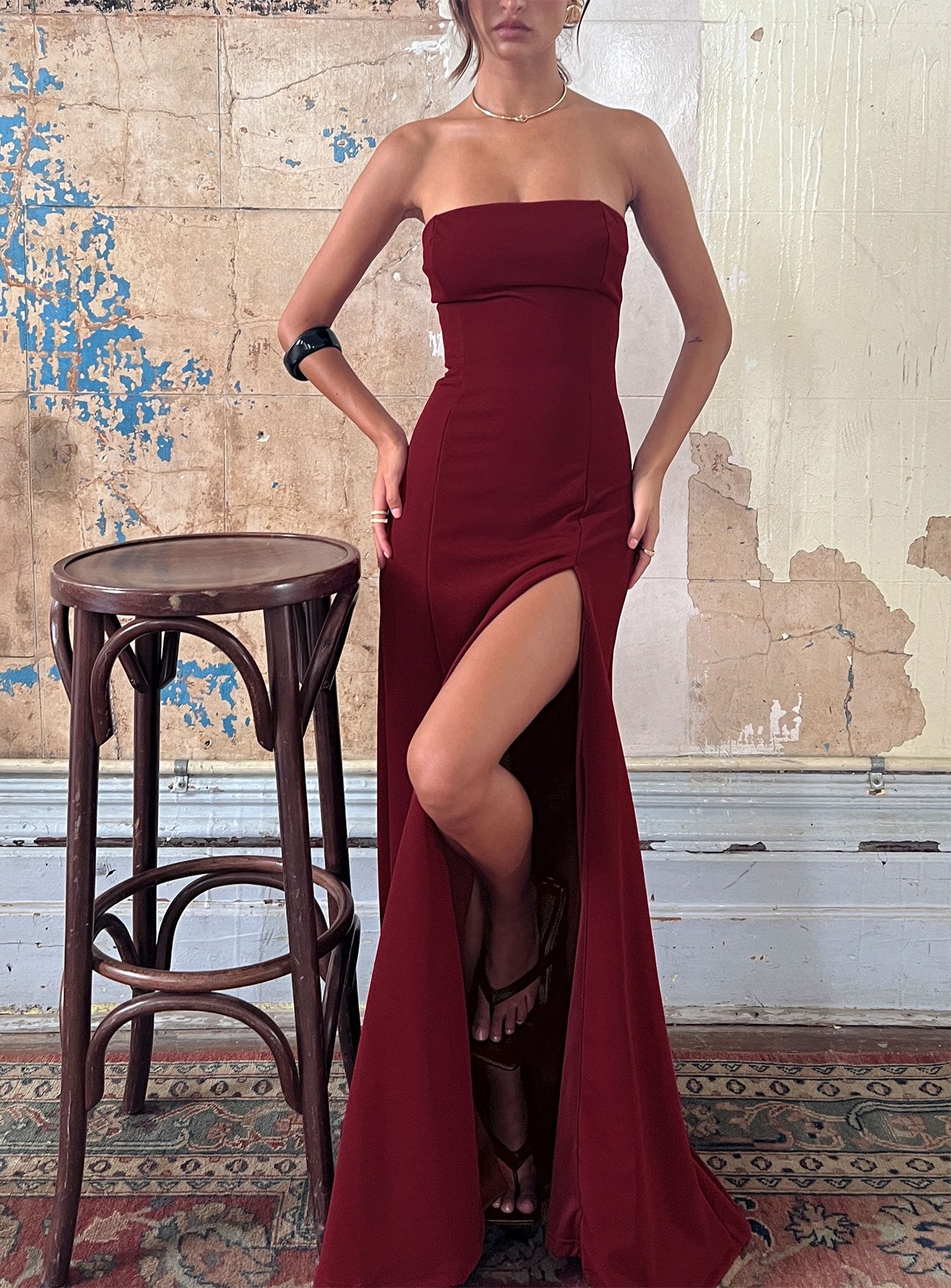 Diamanti Strapless High Slit Maxi Dress Burgundy - Image 8
