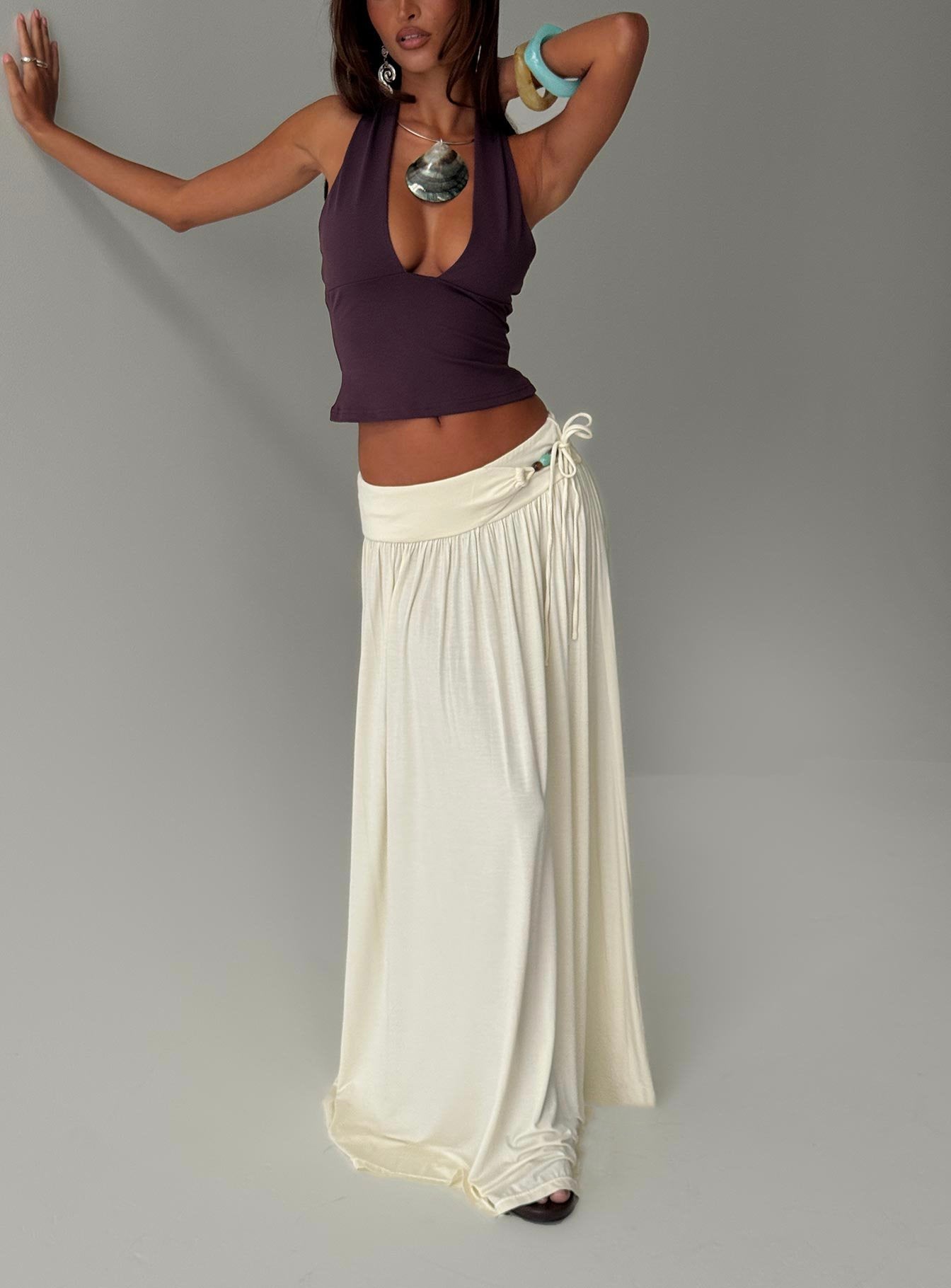 Velvet Storm Tie Detail Flowy Maxi Skirt Cream - Image 8