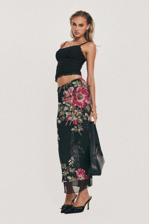 Paganio Maxi Skirt Black Floral