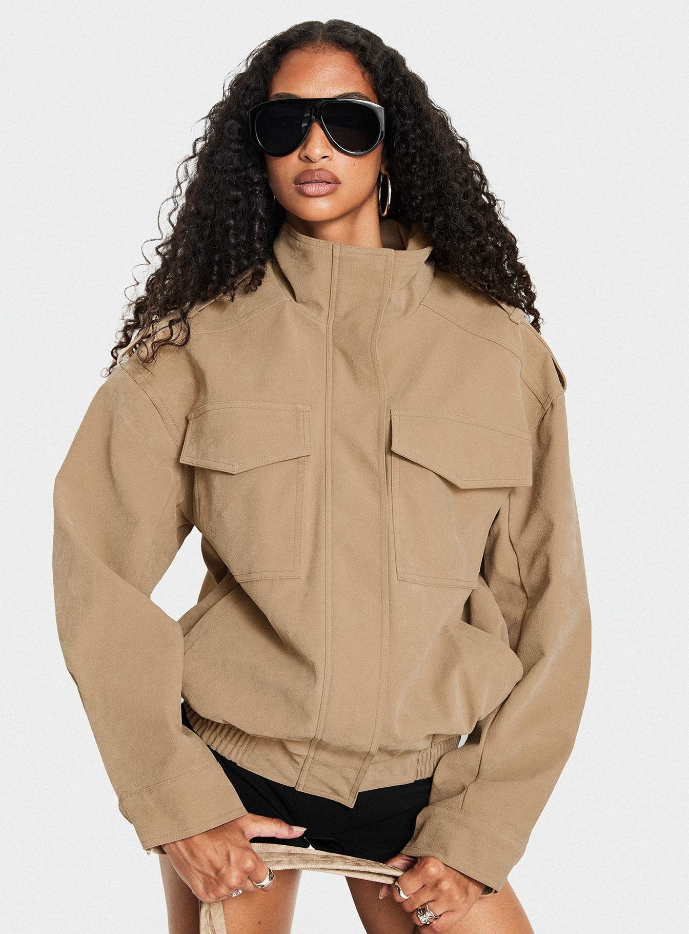 Double Life Funnel Neck Cargo Jacket Beige - Image 8