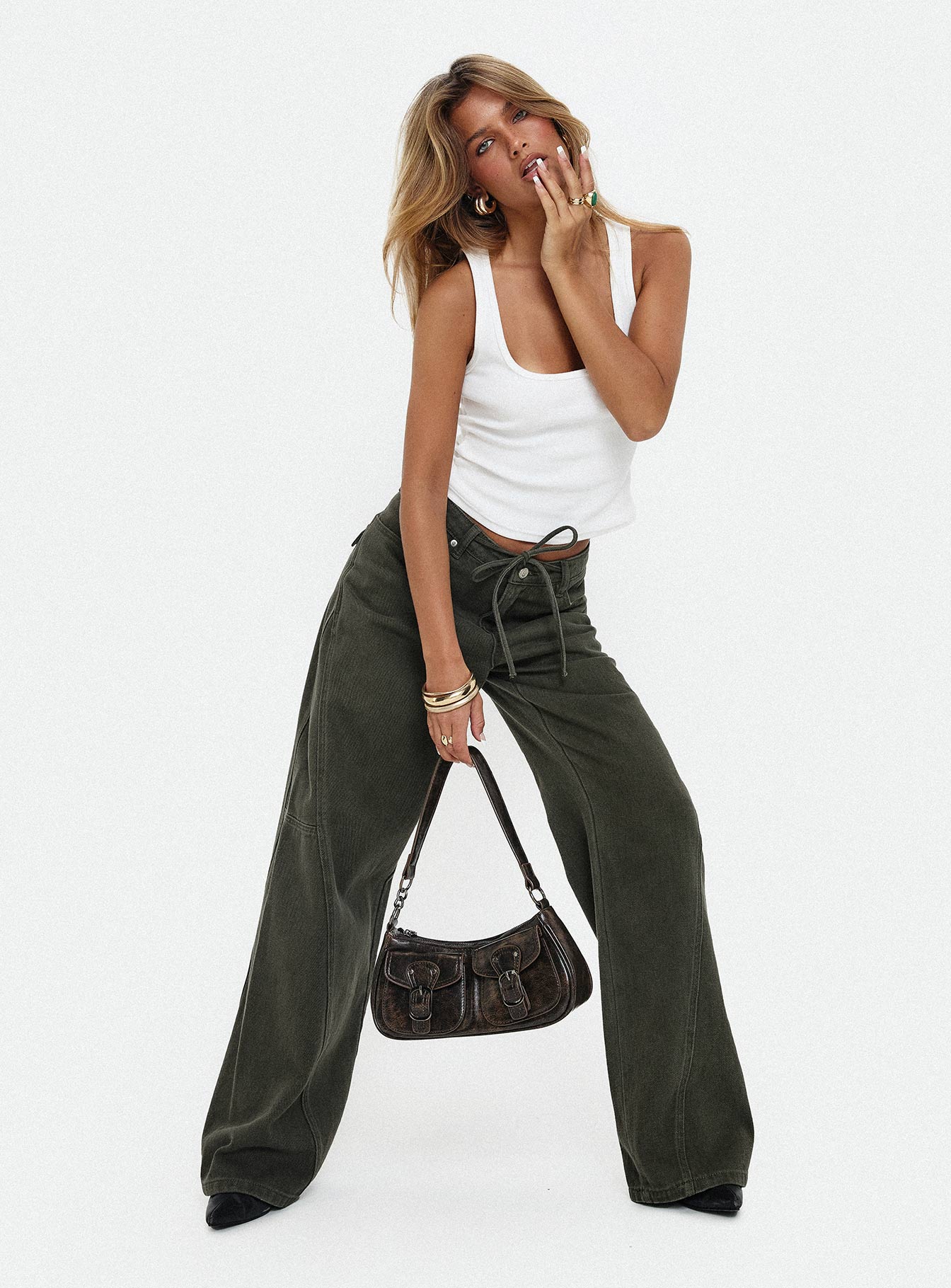 Bruiser Tie Waist Mid Rise Wide Leg Jeans Green Petite - Image 9