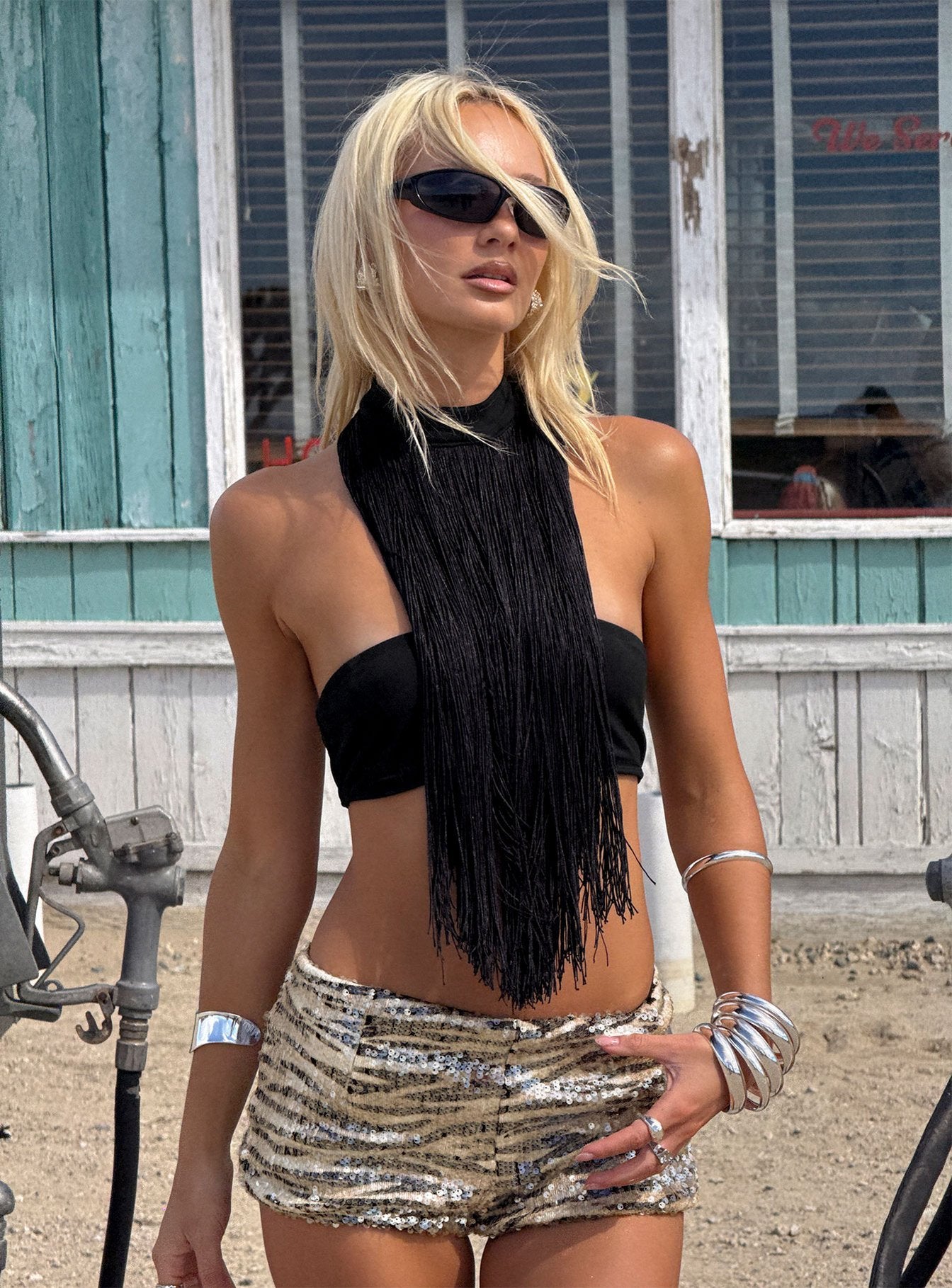 Zephyrine Fringe Asymmetrical Halter Top Black - Image 9