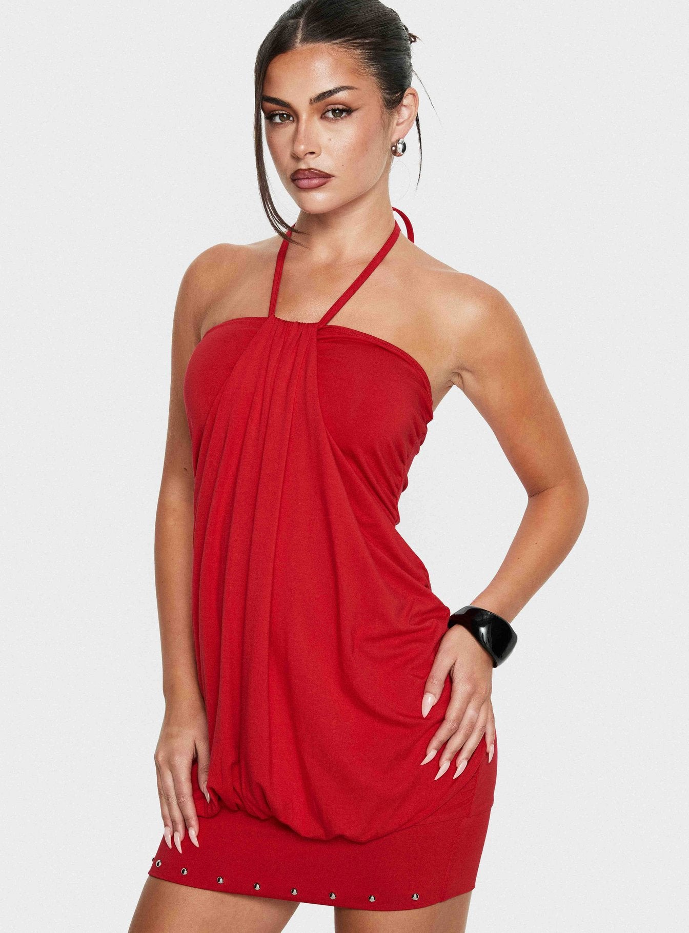 Jordonna Gathered Halter Mini Dress Red - Image 9
