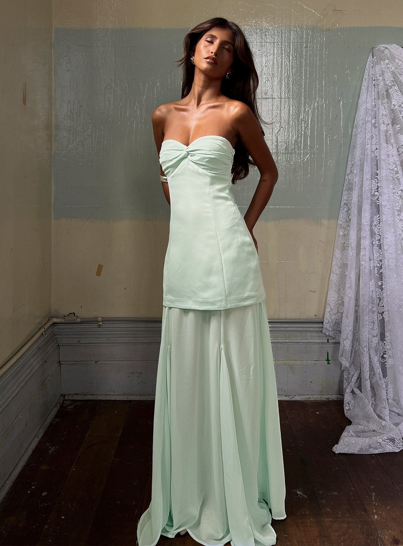 Flashy Sheer Chiffon Strapless Maxi Dress Green - Image 9