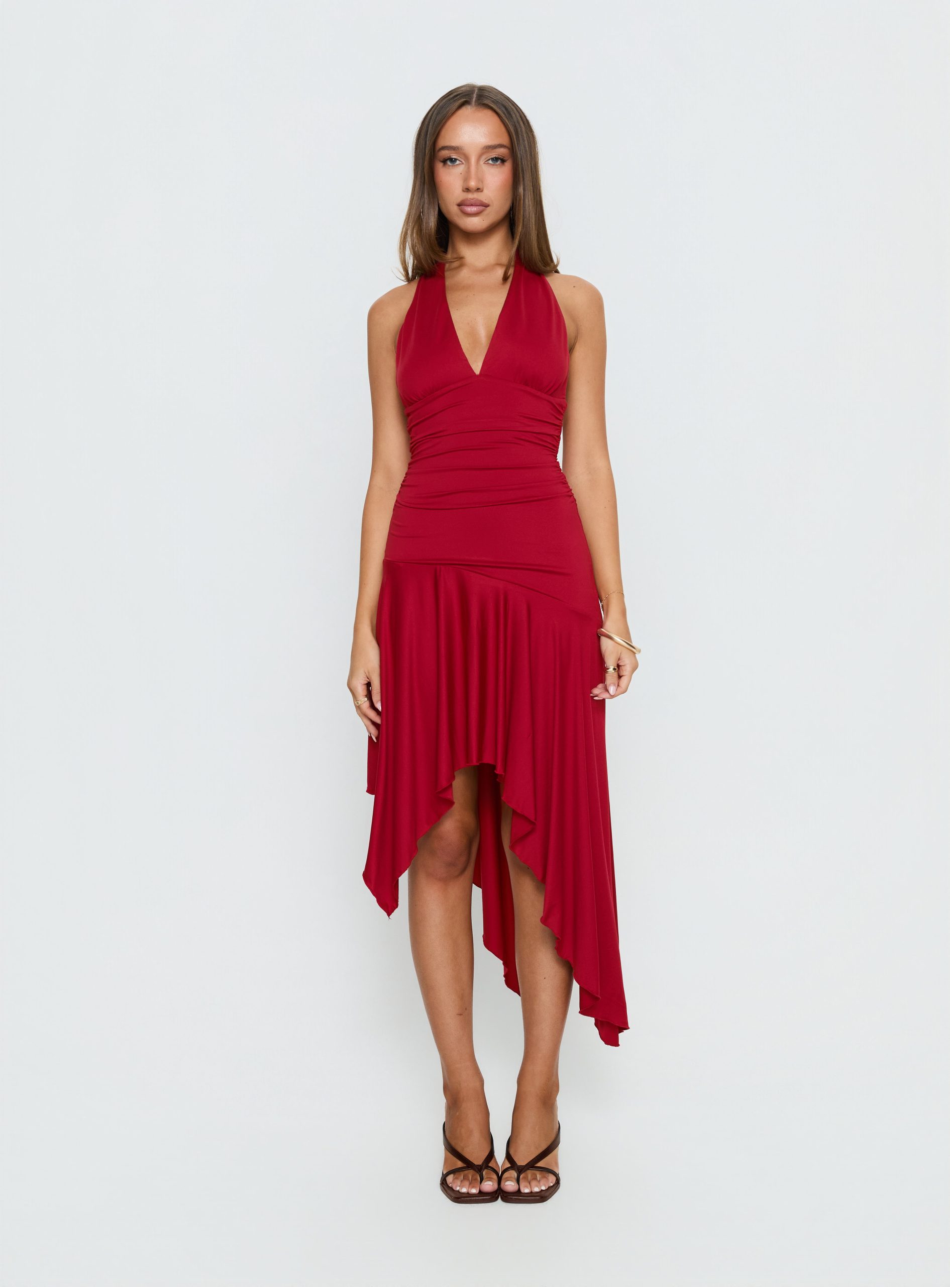 Emara Halter Asymmetrical Midi Dress Red - Image 9