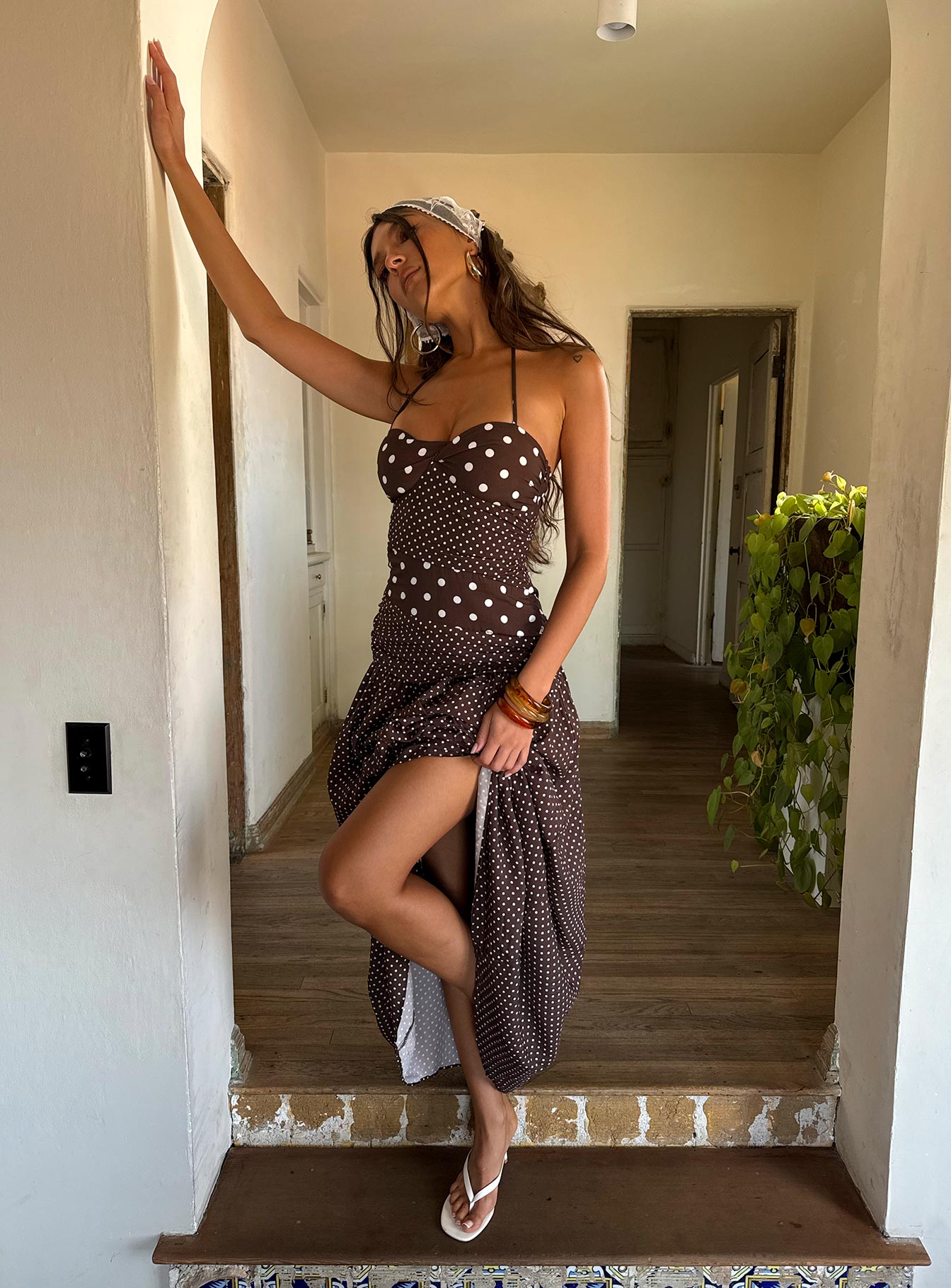Marguerite Halter Maxi Dress Brown Polka Dot - Image 11