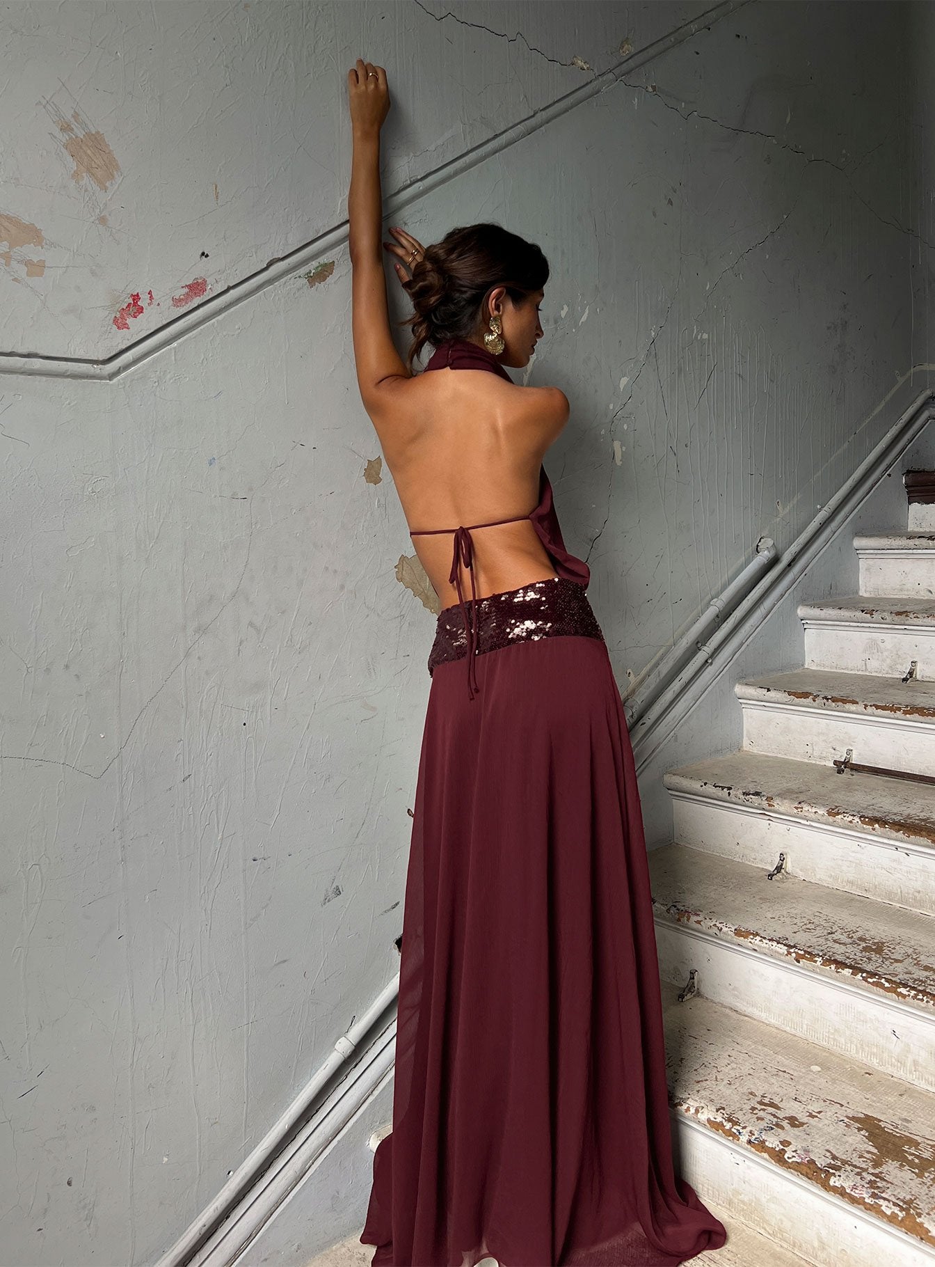 Darwinn Drop Waist Sequin Detail Maxi Dress Burgundy - Image 9