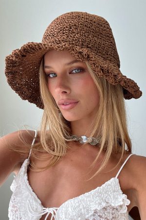 Dawnette Frill Detail Woven Hat Brown