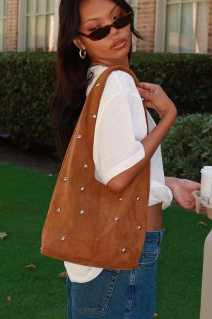 Stellah Studded Faux Suede Bag Brown