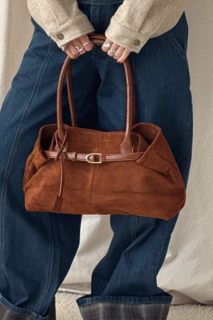 Yearning Faux Suede Buckle Detail Shoulder Bag Brown